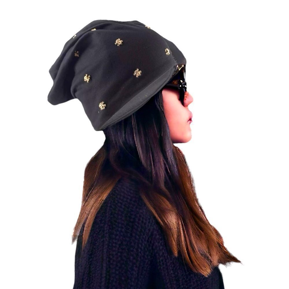 Black Studded Skulls Crossbones Rivets O Ring Fleece Lined Beanies Cap NEW